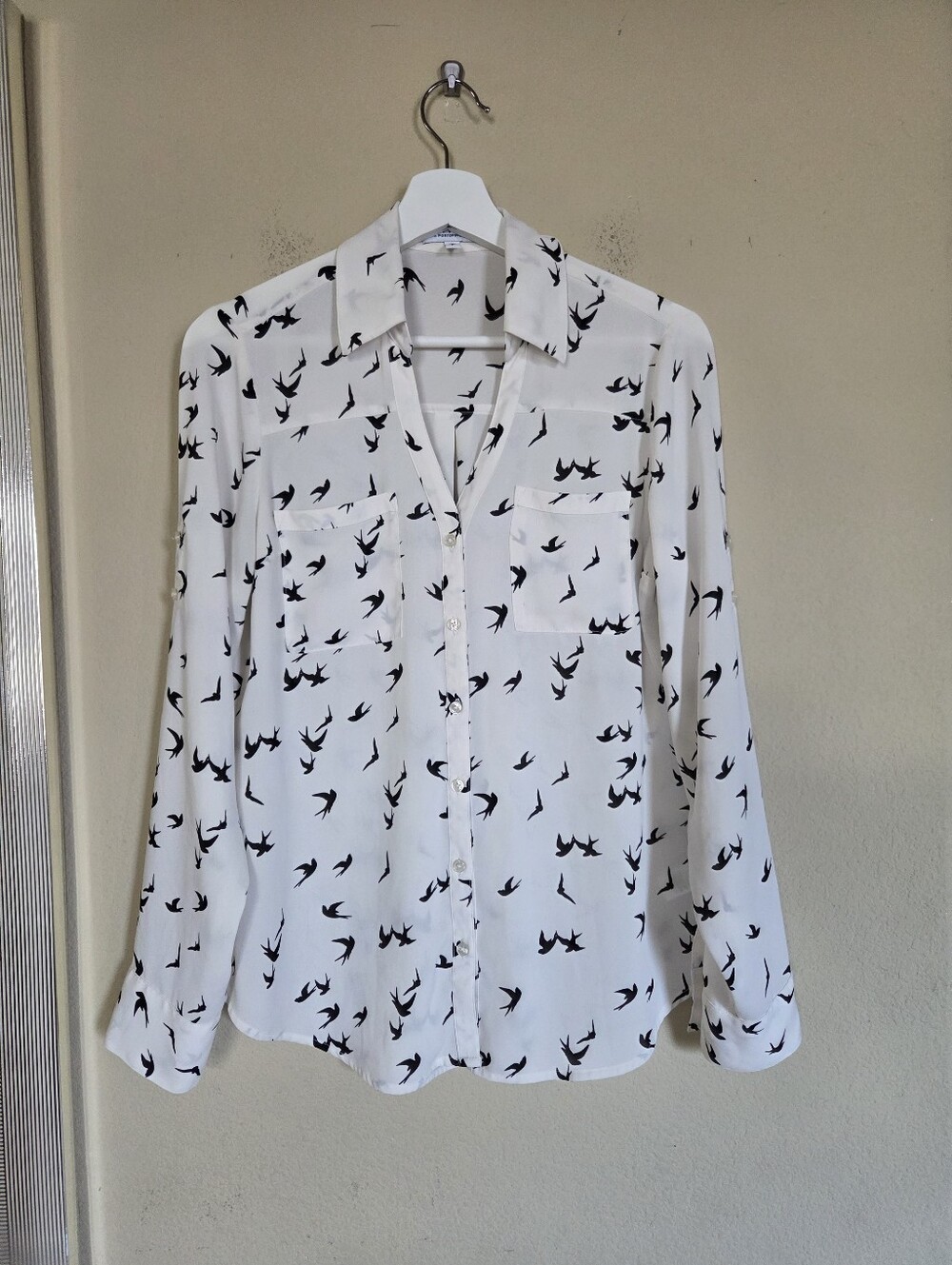Express Ivory Button-Up Blouse with Black Bird Print Sheer